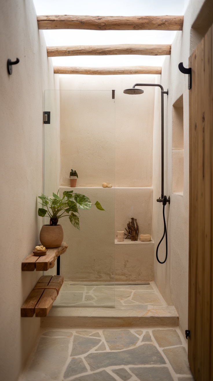 A minimalist ensuite shower room featuring a glass shower, wooden shelves, and natural stone flooring.