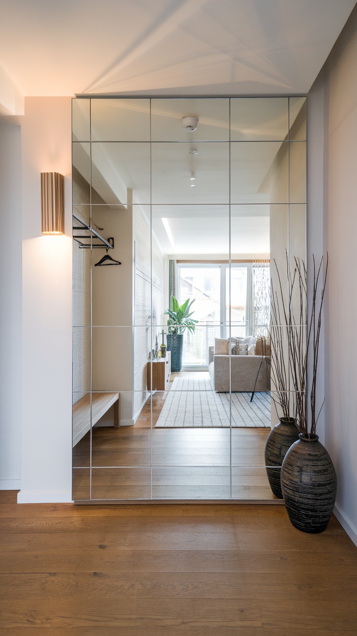 An entryway featuring large mirrored panels that create an illusion of spaciousness