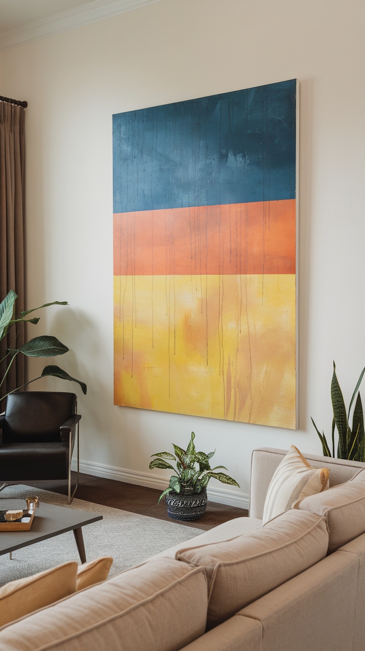 Large colorful wall art in a living room setting with plants and furniture.