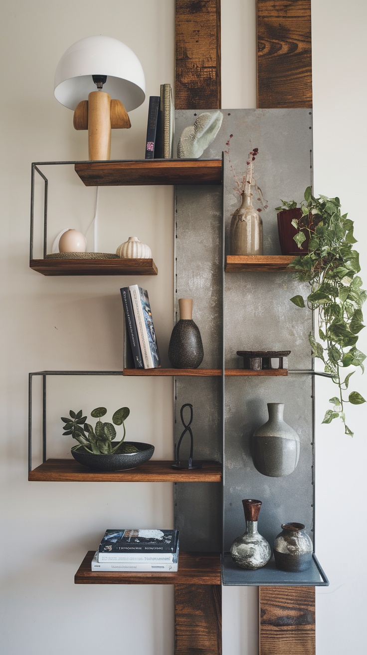 A stylish arrangement of floating shelves made from wood and metal, displaying various decorative items such as vases, books, and plants.