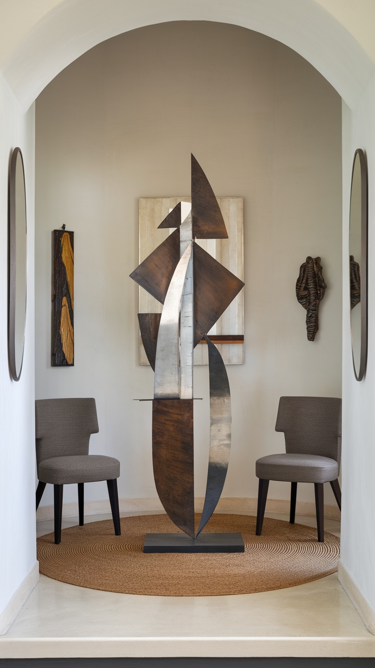 Stylish entryway featuring a modern art sculpture as a focal point, with minimalist chairs and a round rug.