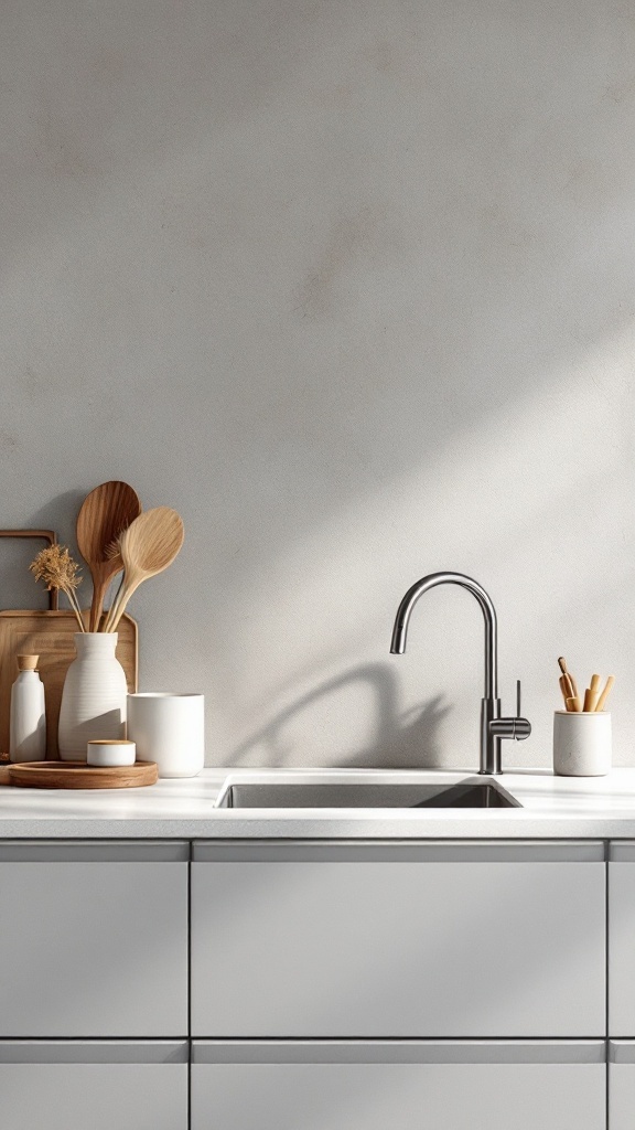A modern minimalist kitchen countertop with a sink, wooden utensils, and decorative items.