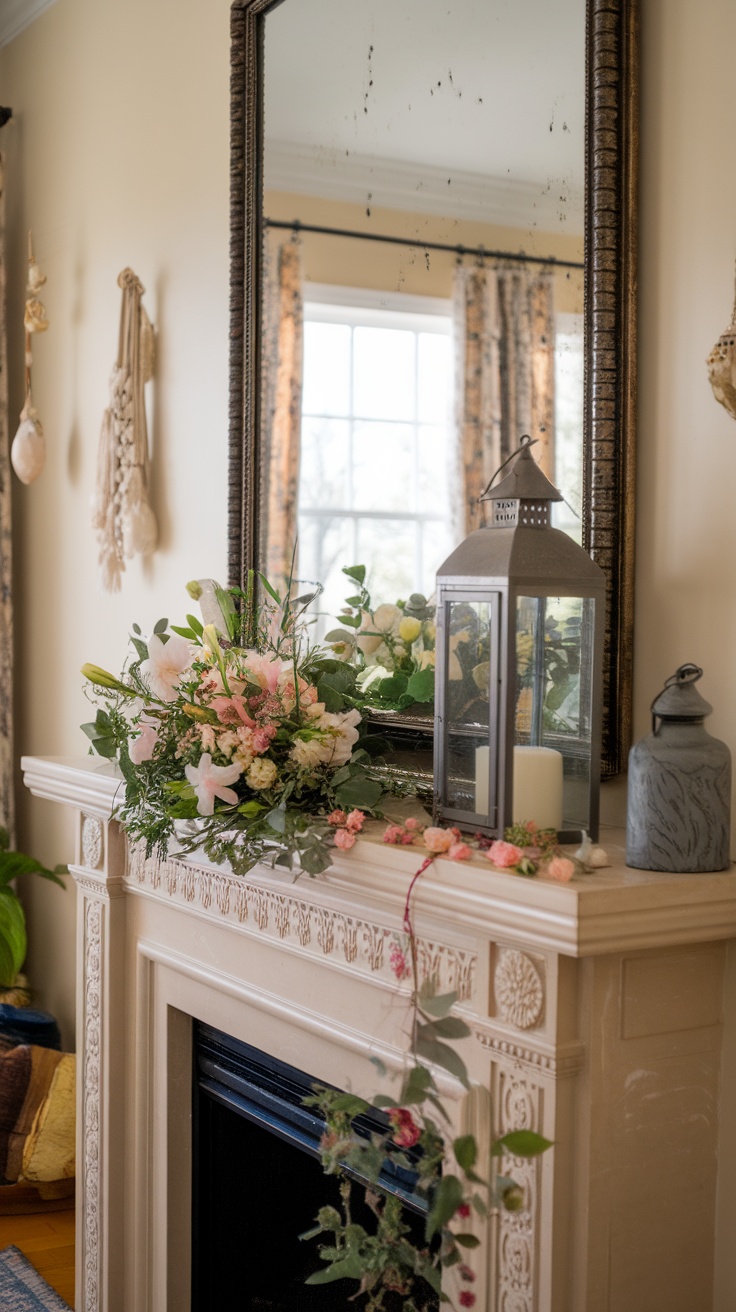 A spring mantel with a large mirror, floral arrangement, and decorative lantern.