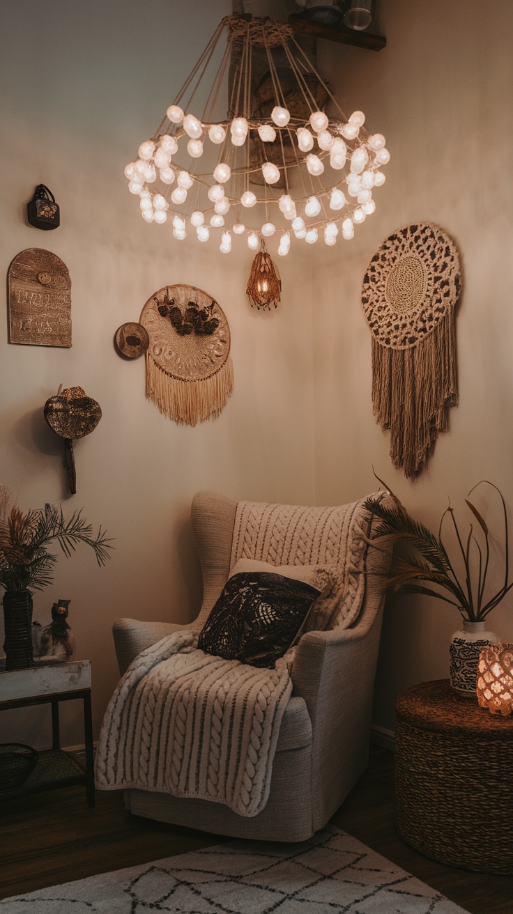 A cozy corner featuring a unique chandelier, cozy chair, and bohemian decor.