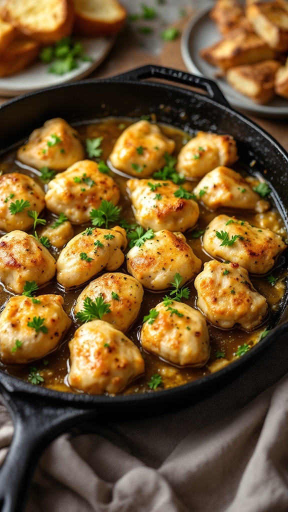 A skillet filled with garlic butter chicken bites, garnished with parsley and served with crispy bread.