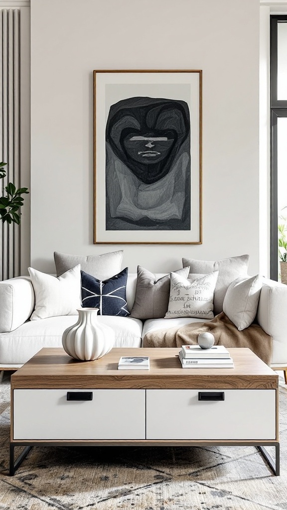 A stylish living room featuring a modern coffee table with storage drawers and decorative cushions.