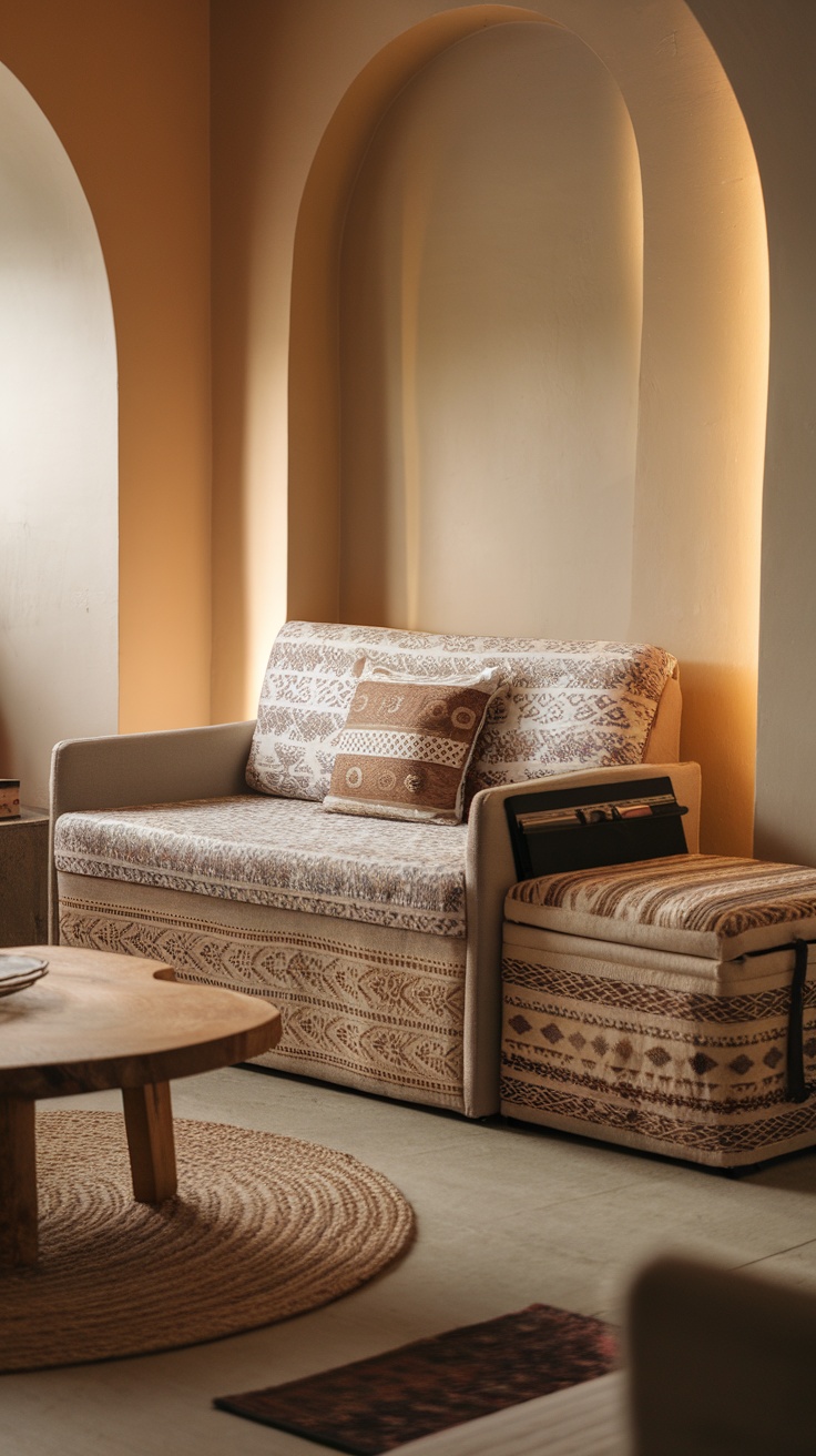 A cozy living room featuring a patterned sofa and a storage ottoman, showcasing multi-functional furniture design.