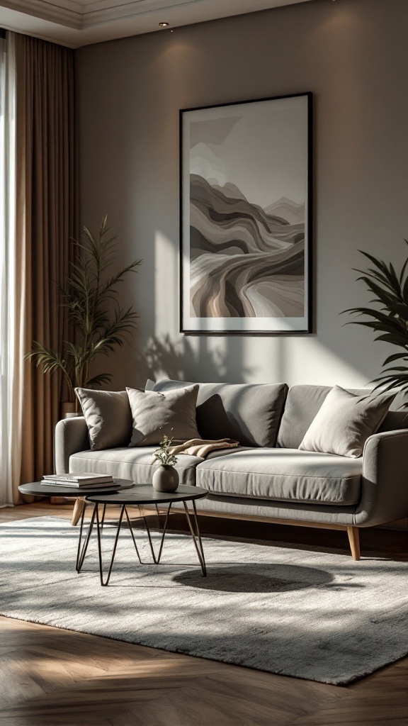 Living room with multifunctional furniture featuring a sleek sofa, stylish coffee table, and minimalist decor.
