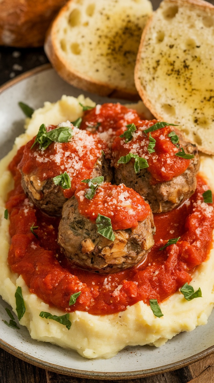 Mushroom walnut meatballs on mashed potatoes with marinara sauce