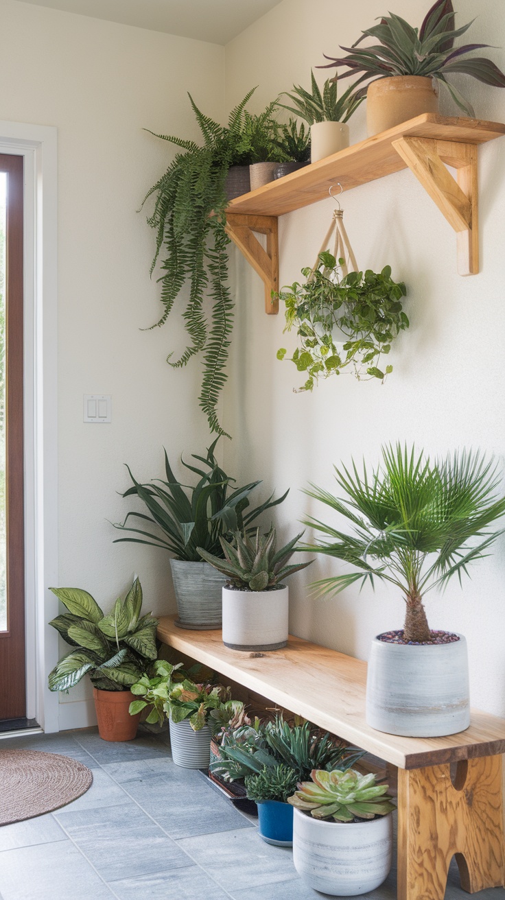 A cozy entryway with various plants on a wooden bench and a wall shelf.