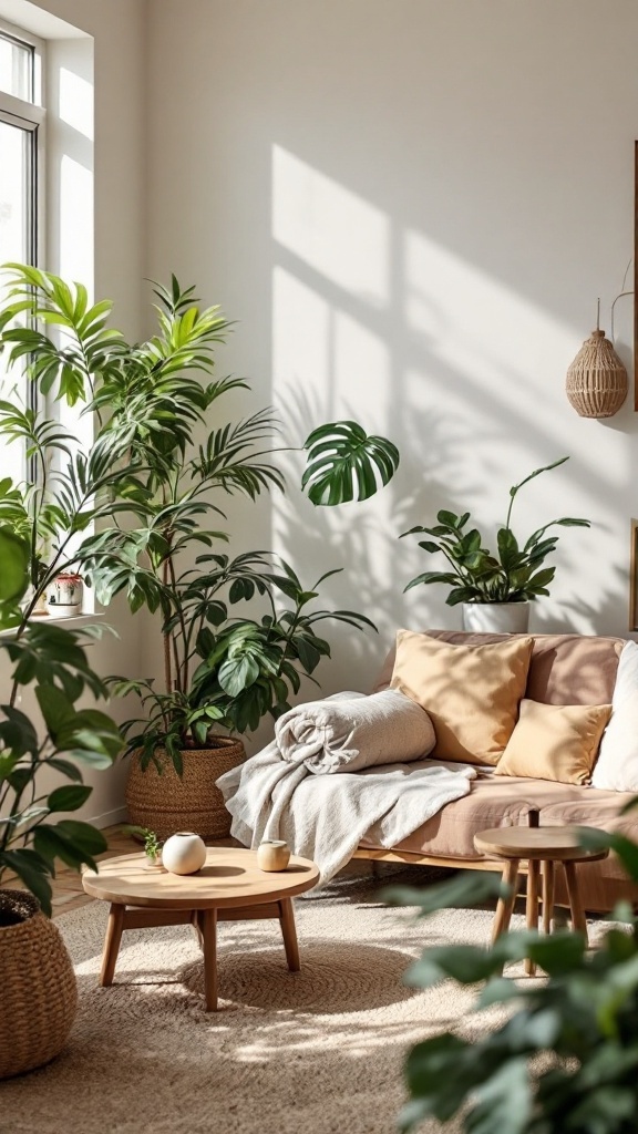 Cozy living room with plants, natural light, and soft furnishings