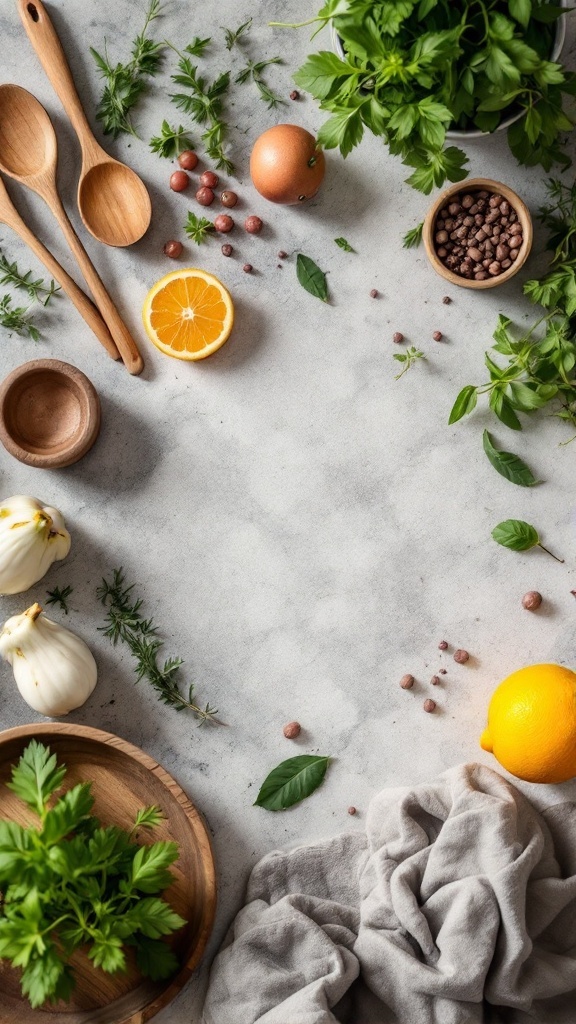 A marble kitchen countertop with fresh ingredients, wooden utensils, and a cozy kitchen vibe.