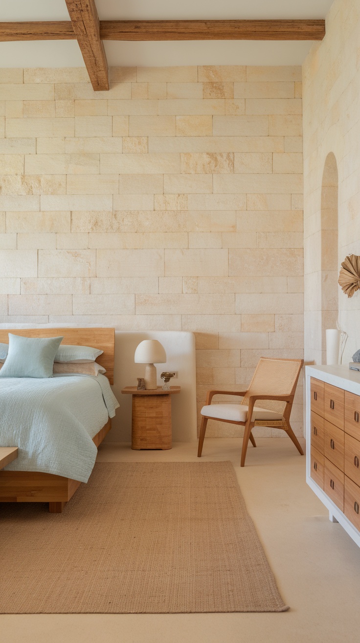 A light-colored stone panel wall in a modern bedroom with wooden furniture and soft textiles.
