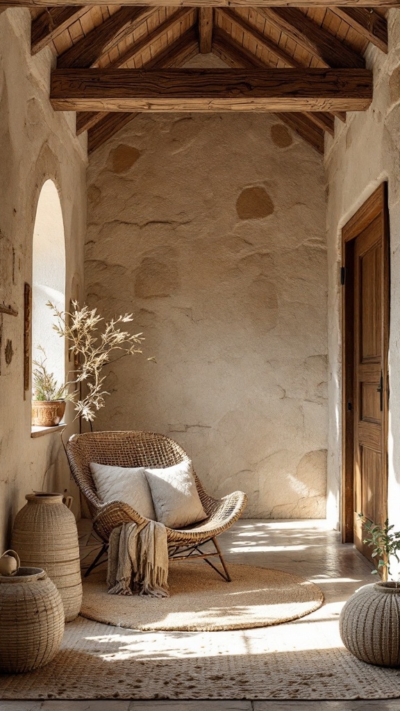 Cozy corner showcasing natural textures and materials with wicker chair and earthy decor.