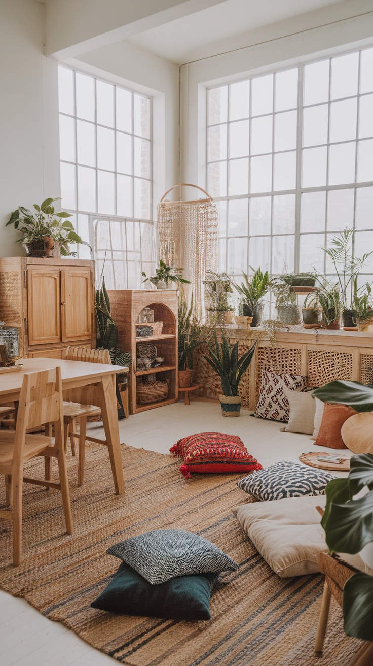 A cozy boho living space featuring natural wood furniture, colorful pillows, and plants.