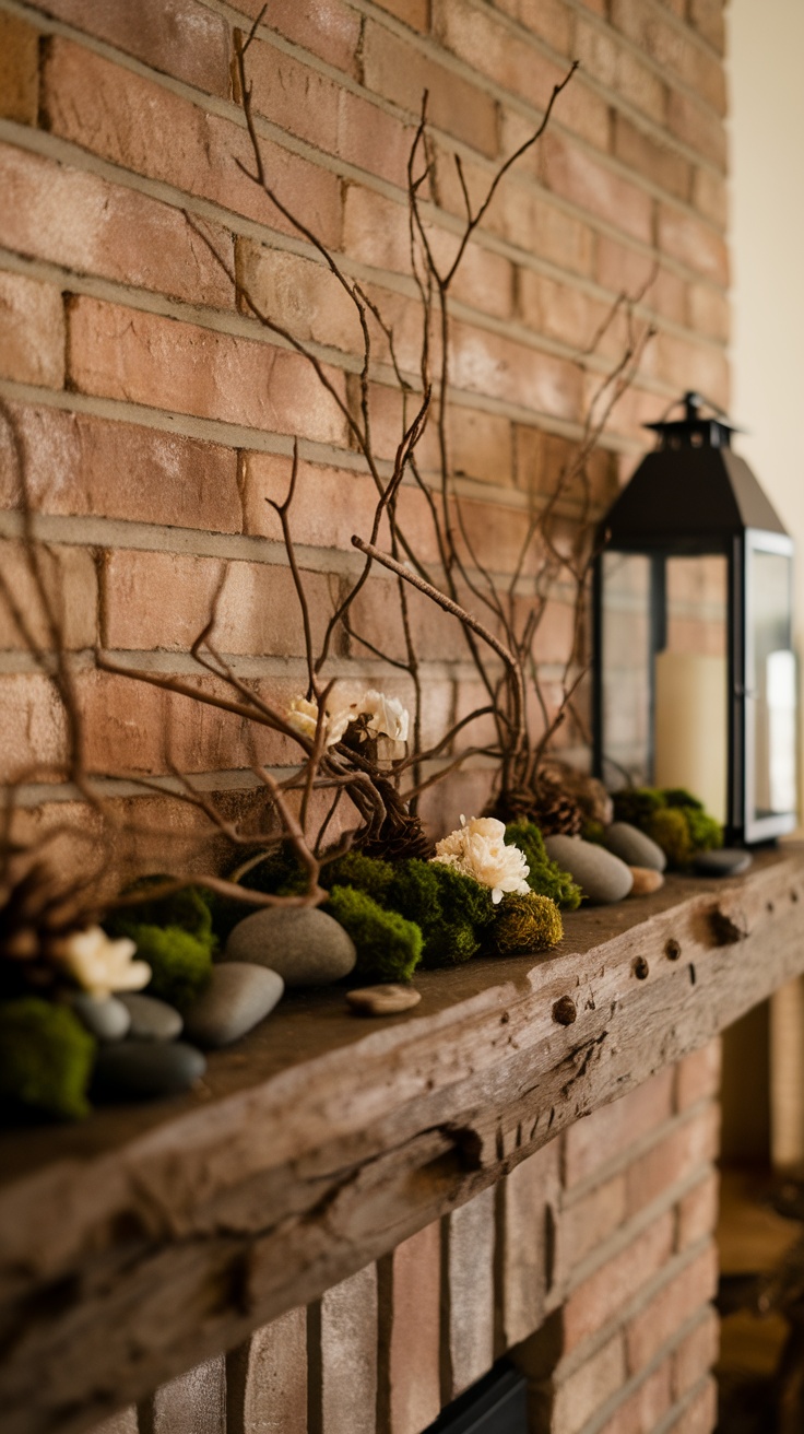 A rustic spring mantel decorated with twigs, moss, stones, and a lantern.