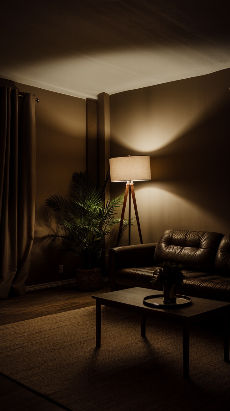 Cozy living room with layered lighting featuring a floor lamp and a plant.