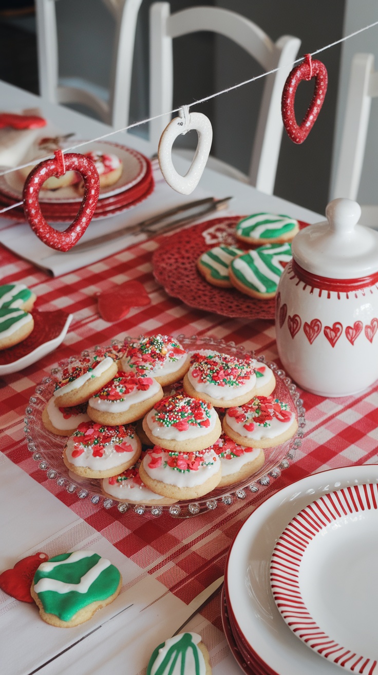 A plate of decorated nut-free sugar cookies with heart sprinkles on a red checkered tablecloth.