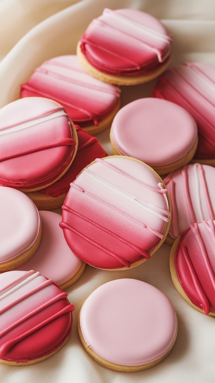 Ombre frosted cookies in shades of pink and red, decorated with lines of icing.