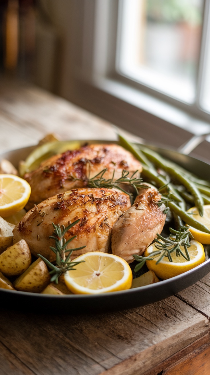 One-Pan Lemon Garlic Chicken with vegetables and lemon slices