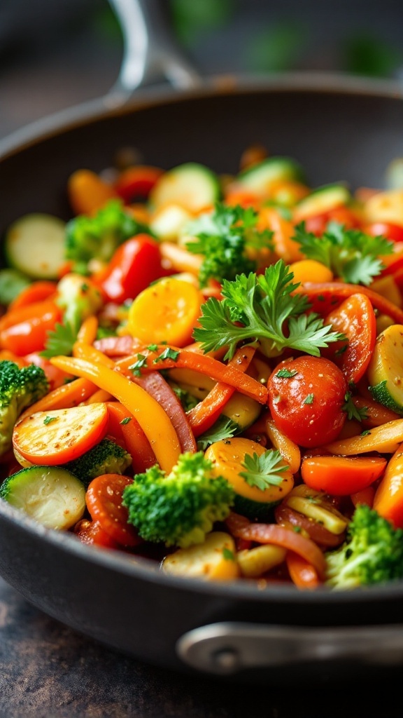 Colorful veggie stir-fry with broccoli, bell peppers, and cherry tomatoes.