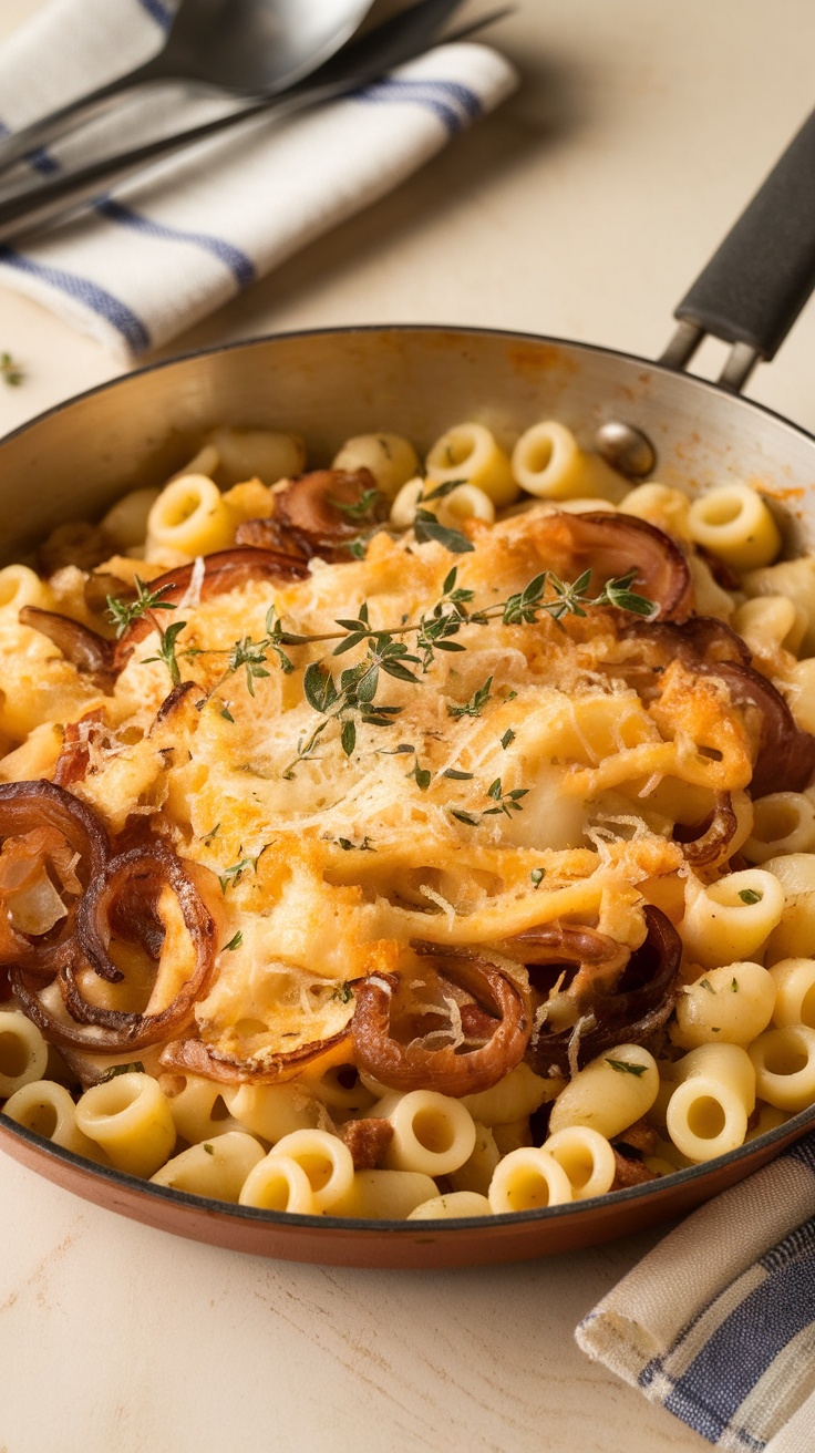 A pan of One-Pot French Onion Pasta topped with caramelized onions and herbs.