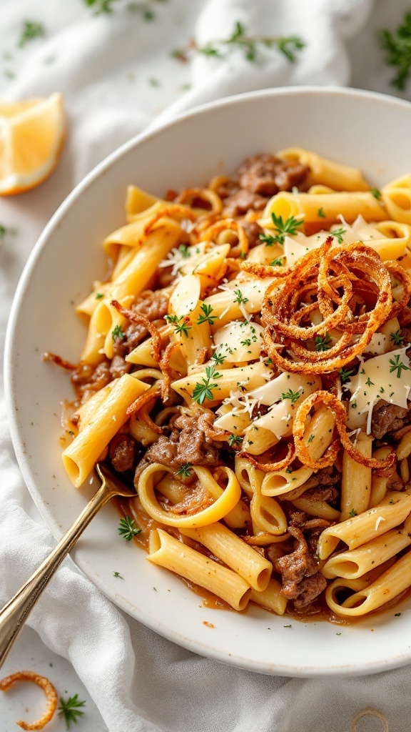 A bowl of One-Pot French Onion Pasta with crispy onion rings on top, garnished with fresh herbs.