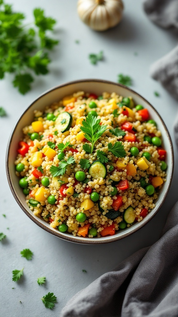 A bowl of colorful quinoa vegetable pilaf topped with fresh cilantro, surrounded by vegetables and a garlic bulb.