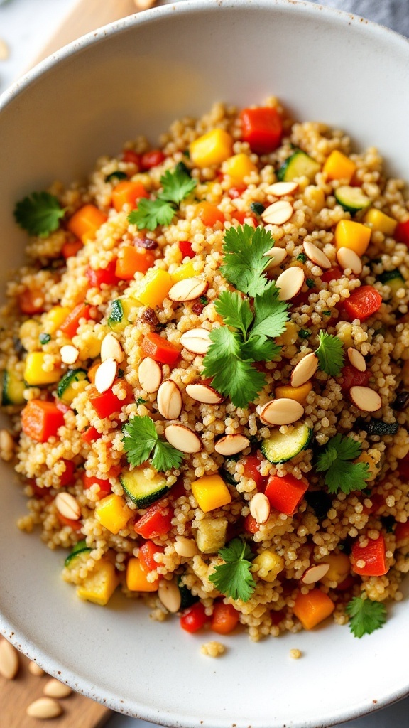 Vibrant bowl of quinoa vegetable pilaf with colorful veggies and herbs