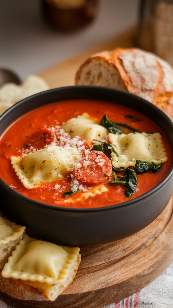 A bowl of one-pot ravioli soup with a side of bread.