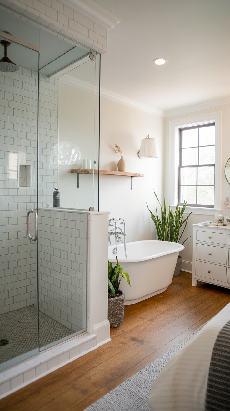 Open concept ensuite bathroom featuring a glass shower, freestanding tub, wooden shelf, and indoor plants.