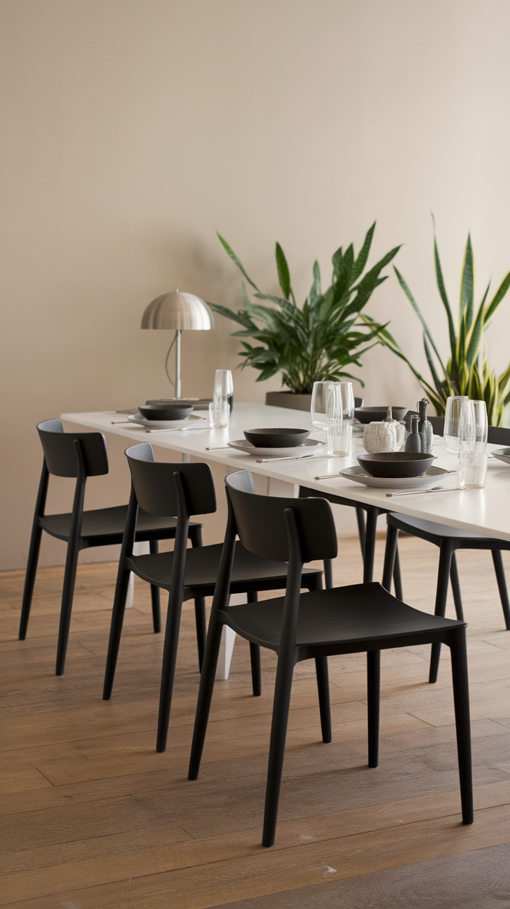 A minimalist dining area with a sleek table, black chairs, and potted plants