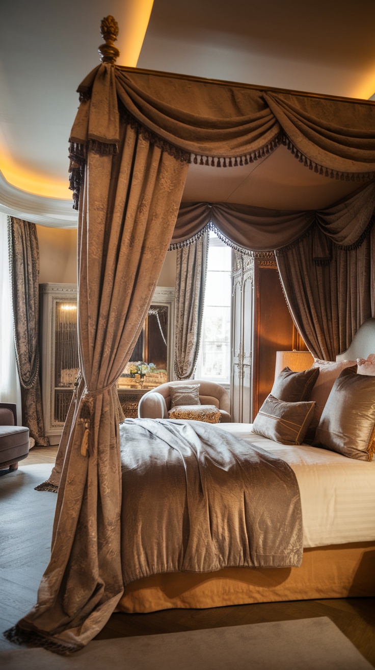 A luxurious bedroom featuring an opulent canopy bed with draped fabrics and elegant decor.