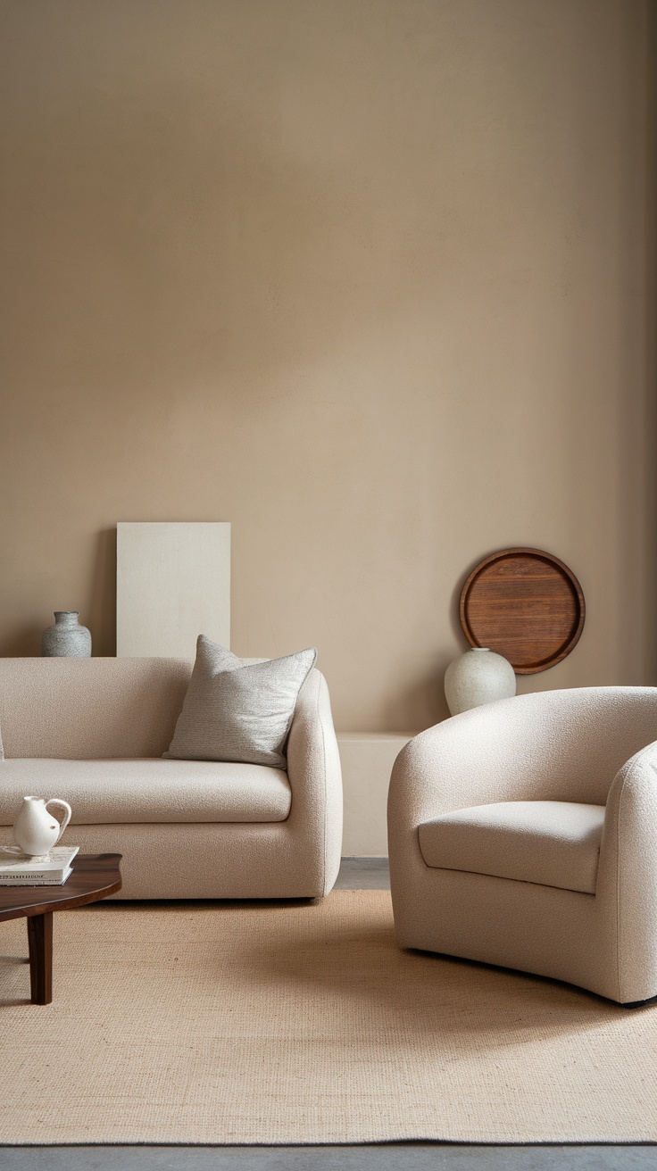 A cozy living room setting with textured furniture and decor.