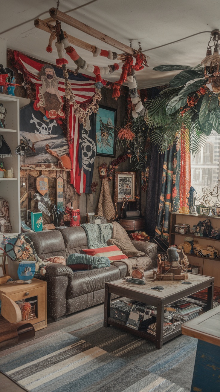 A living room filled with nautical and pirate-themed decor, featuring ropes, flags, and various themed items.