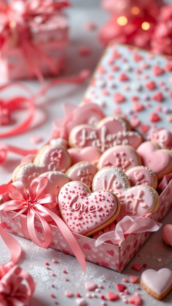 A collection of heart-shaped decorated cookies in a gift box with pink ribbons and heart decorations.