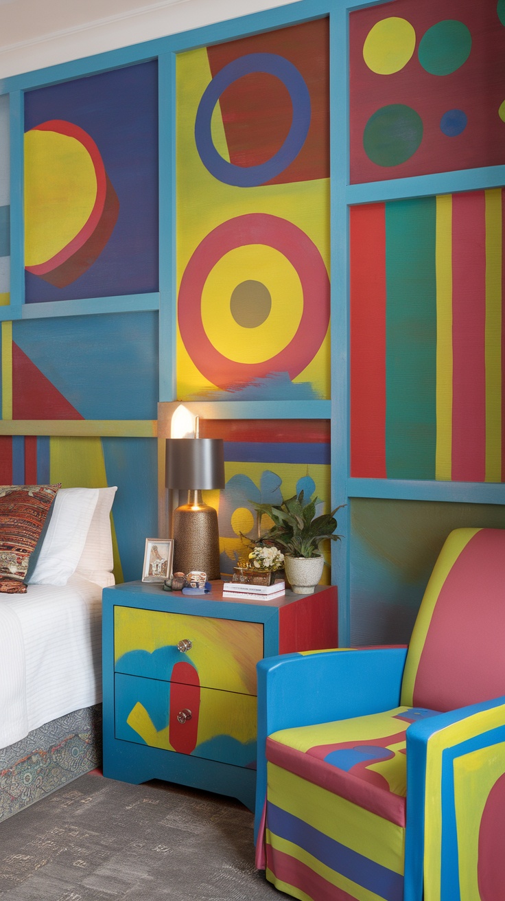 Colorful painted paneling in a bedroom featuring blue, yellow, red, and green patterns