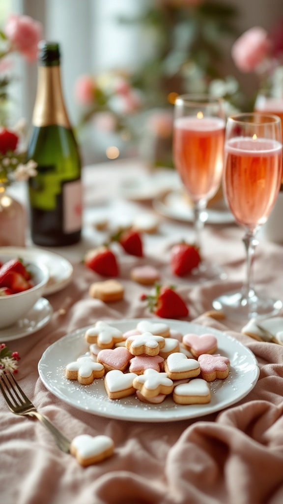 A plate of Valentine sugar cookies decorated with royal icing, surrounded by drinks and strawberries.