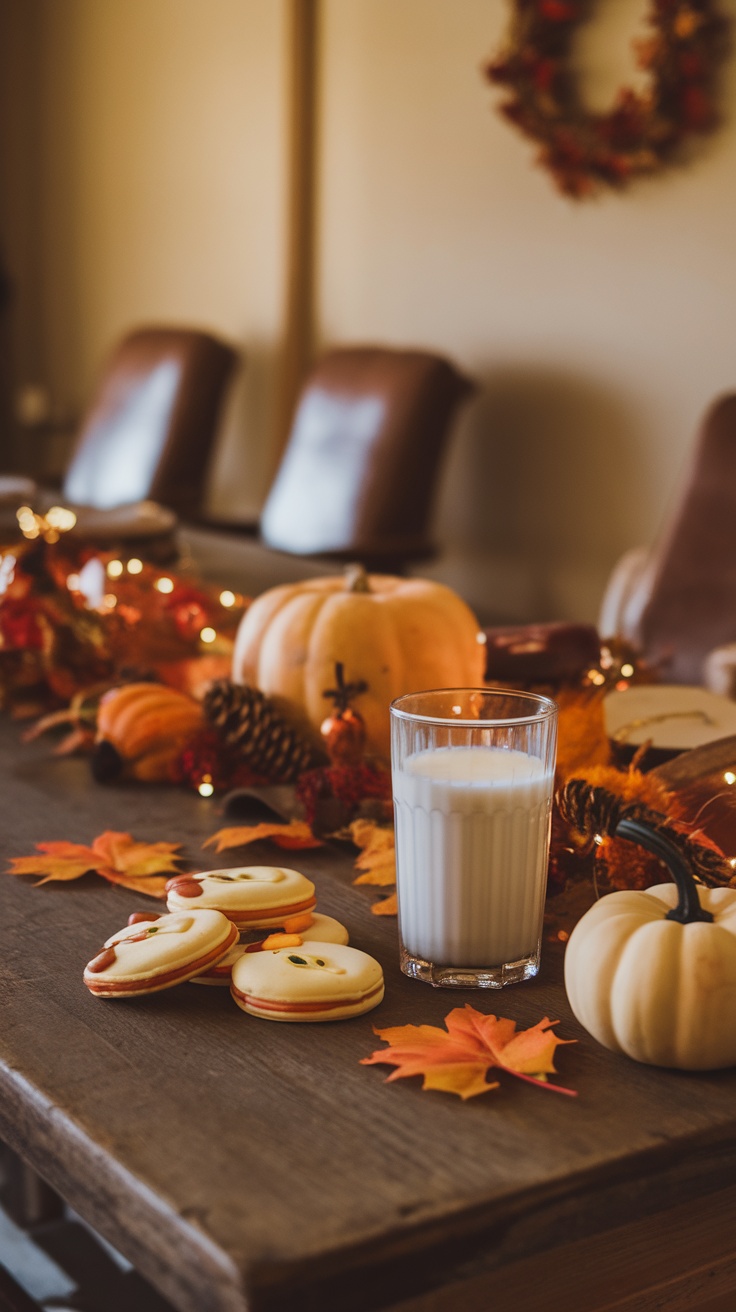 Pairing drinks with candy apple cookies on a rustic table.