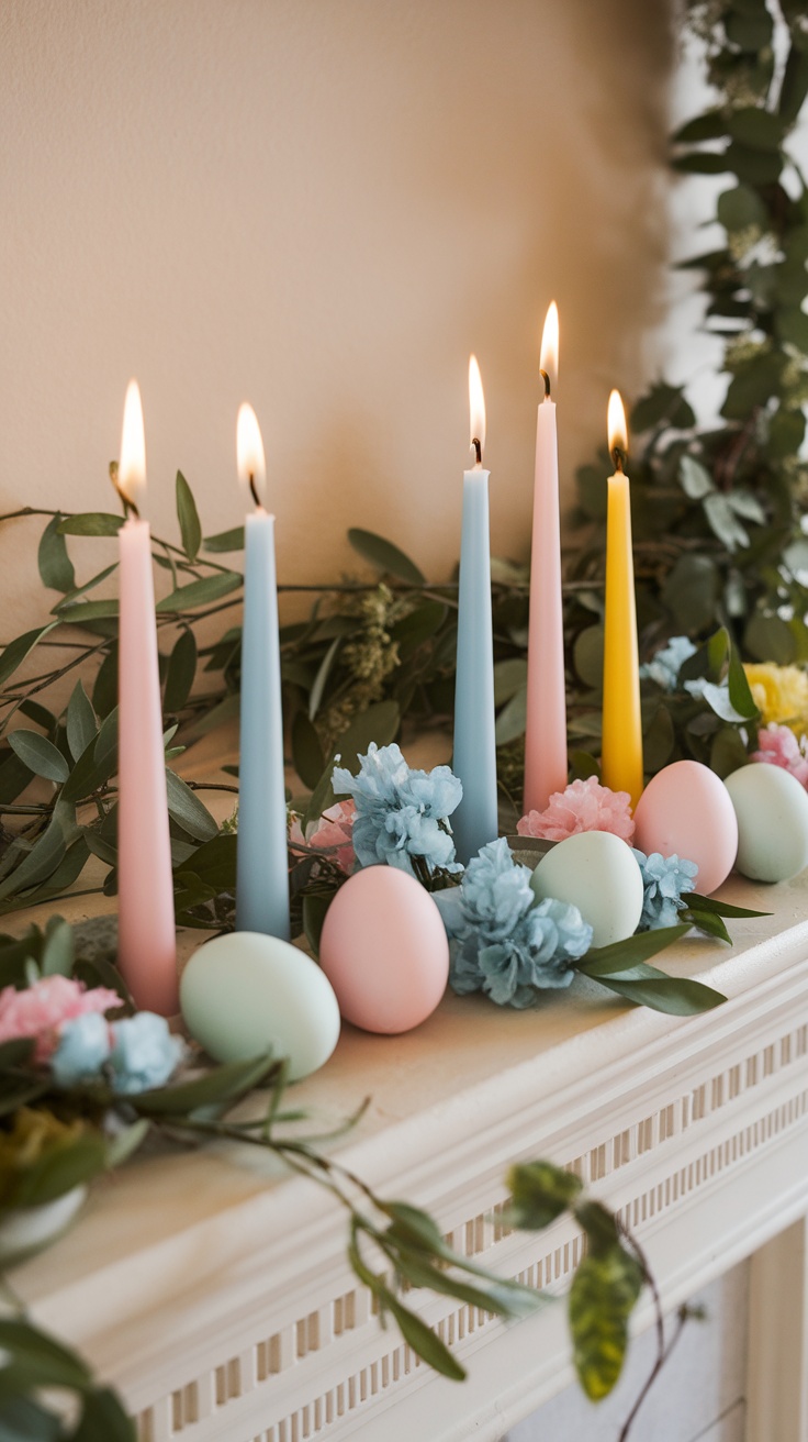 Pastel candles and flowers on a mantel with greenery and eggs