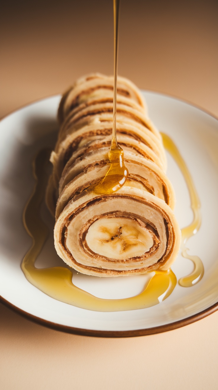 Peanut Butter and Banana Roll-Ups on a plate with honey drizzled over them