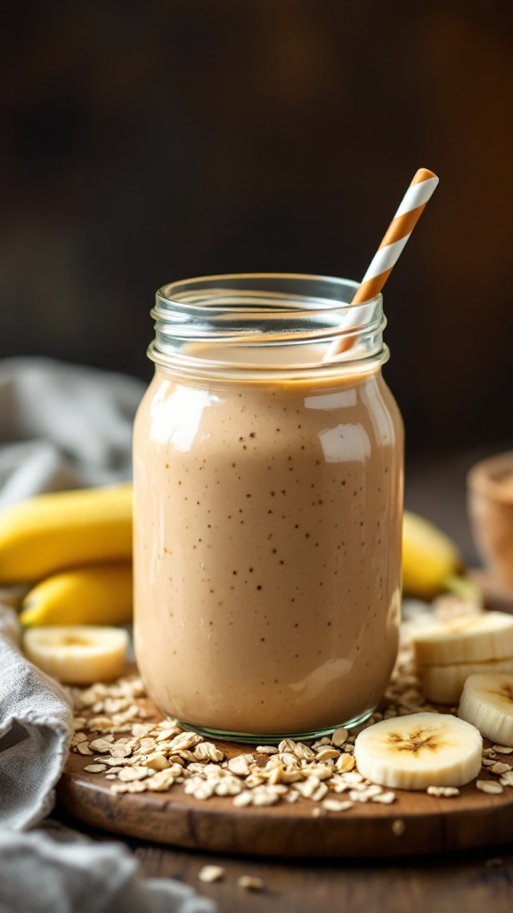 A jar of peanut butter banana oatmeal smoothie with a straw, surrounded by bananas and oats.