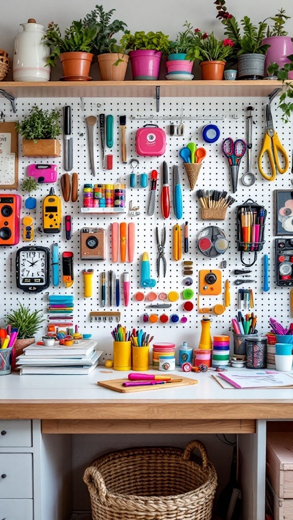 Colorful pegboard filled with crafting supplies and tools, showcasing vibrant storage solutions for a creative workspace.