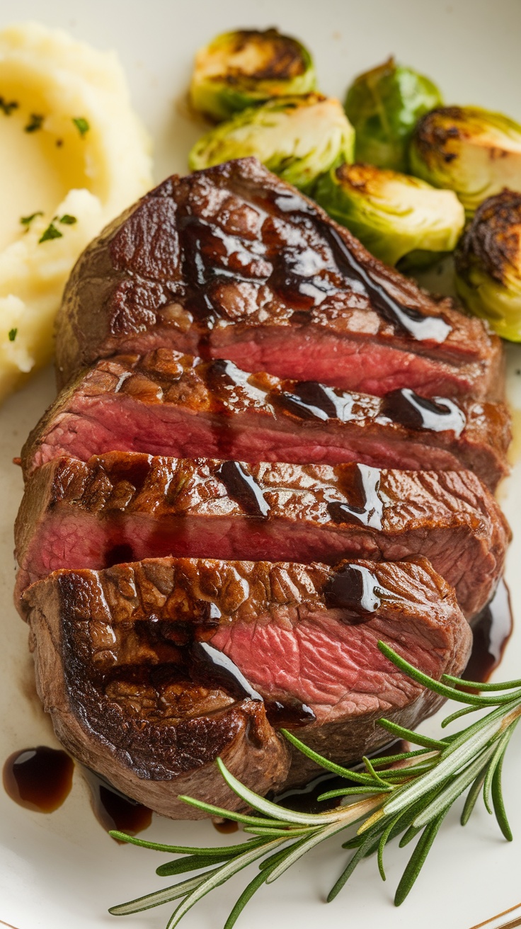 A deliciously cooked filet mignon topped with balsamic glaze.