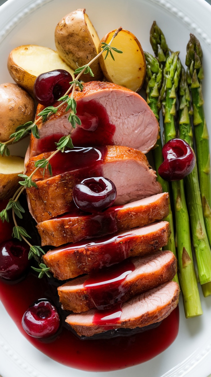 Perfectly cooked duck breast with cherry sauce served with potatoes and asparagus.