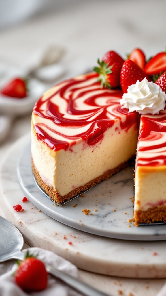 A rich and creamy cheesecake with strawberry swirl and fresh strawberries on top