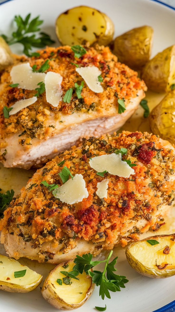 Perfectly baked Parmesan crusted chicken with golden potatoes and fresh parsley