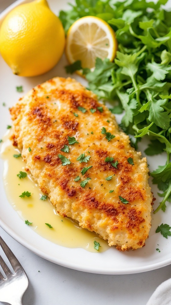 Baked parmesan crusted chicken with lemon and greens