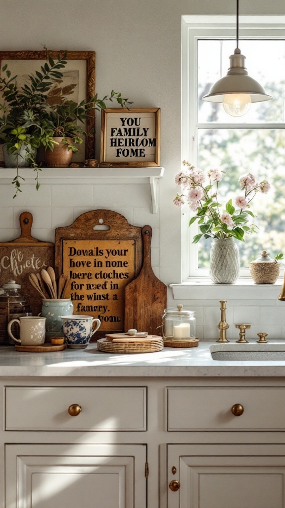 A cozy kitchen countertop with decorative elements, including plants, framed messages, and vintage dishes.