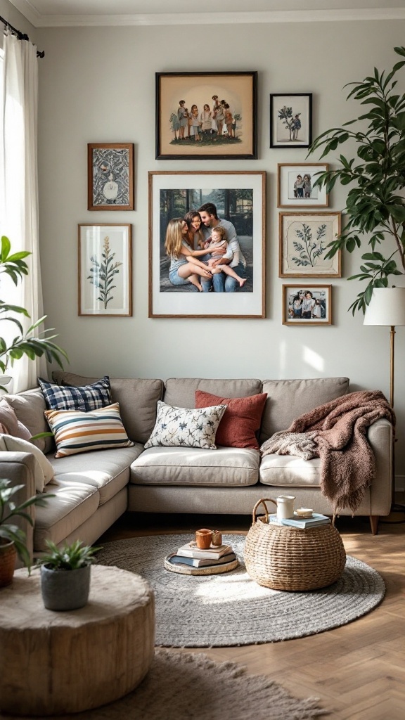 Cozy living room with sectional sofa, decorative cushions, family photos, and plants